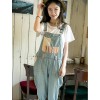 2015 summer new Sen female folk style striped overalls loose jeans pocket spell