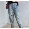 Korean version of the new Mickey Mouse cartoon embroidery ladies denim baggy pants pants pants boyfr