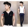 Korean men's fashion new personality color stitching slim half sleeve V collar men's T-shirt