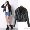 WP K449 ladies and new European style slim short sleeved solid Lapel single breasted leather coat