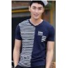 [source] 2014 Amoy new summer men's shirt pocket short sleeved V collar striped stitching T-shirt wh