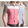 Korean men's slim stripe mosaic all-match Shirt Short Sleeved cotton shirt fashion tide