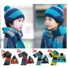 New winter children wool hat scarf suit stripe button cap hat children