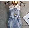 2015 summer girls diamond pearl decoration paragraph heavy denim vest dress send belt T